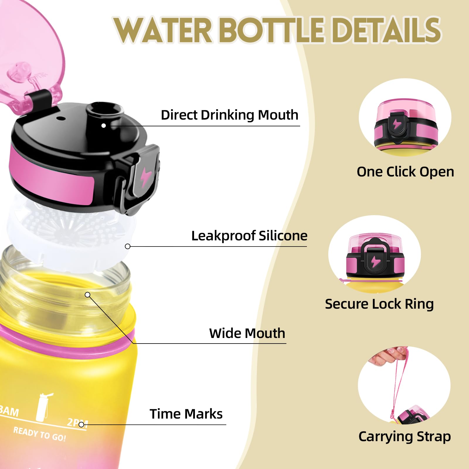 Motswedi Borraccia 1 litro, a Prova di Perdite, Borraccia Motivazionale, Riutilizzabile, Bottiglia Acqua, Senza BPA, Borracce, per Palestra, Ufficio, Sport, Ciclismo, Running, Giallo Rosa