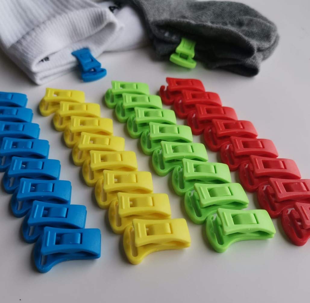 36 Laundry Sock Clips for Washing Machine, Dryer, Sorting, and Storage Directly in The Drawer with Clip on. Small Hook for Clothesline. Plastic Sock Holders in 4 Colors. Sock Locks for Pairing