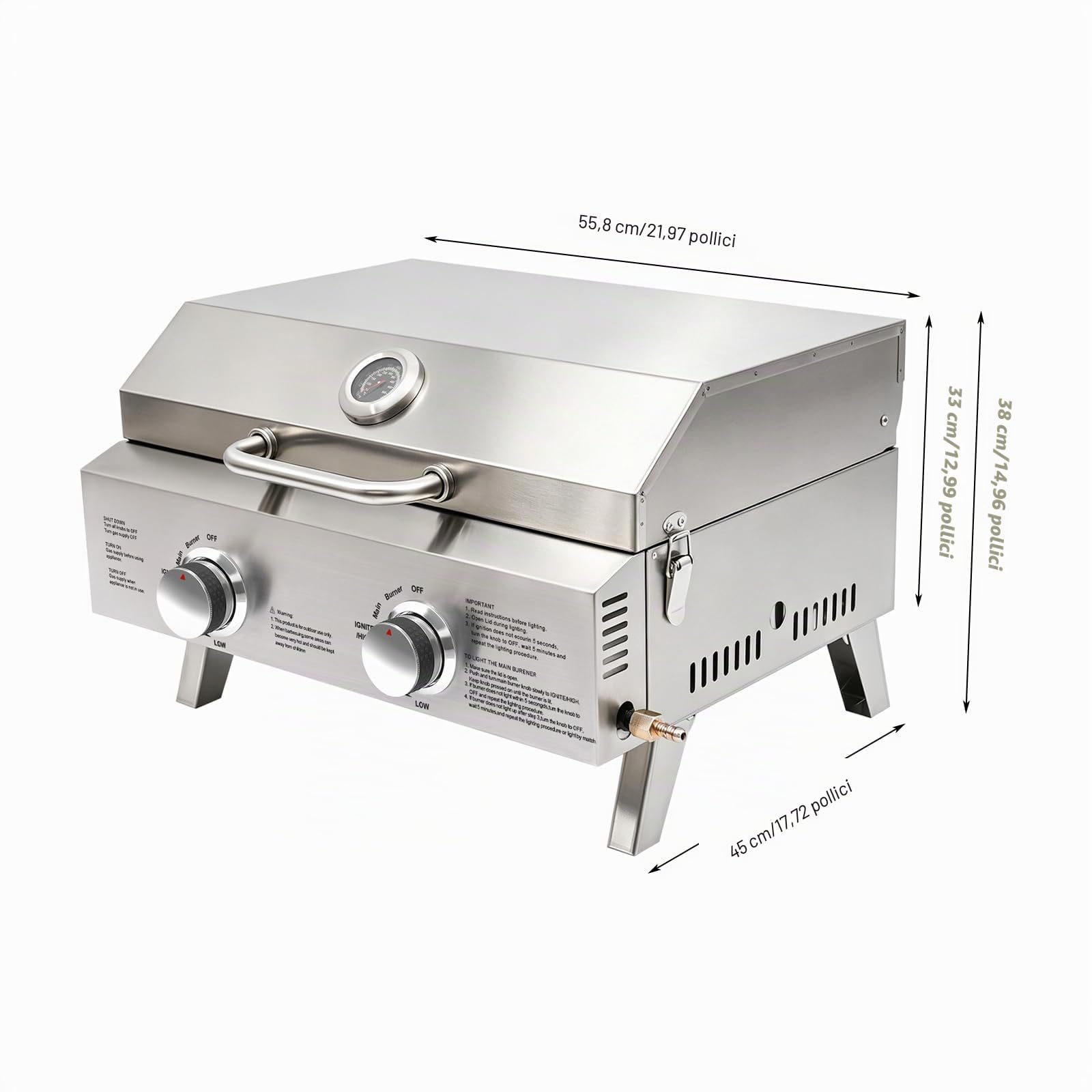 Barbecue a gas da tavolo a 2 bruciatori in acciaio inox, barbecue a gas portatile con termometro, accensione piezoelettrica, piedini pieghevoli per balcone, giardino, campeggio, barbecue, picnic