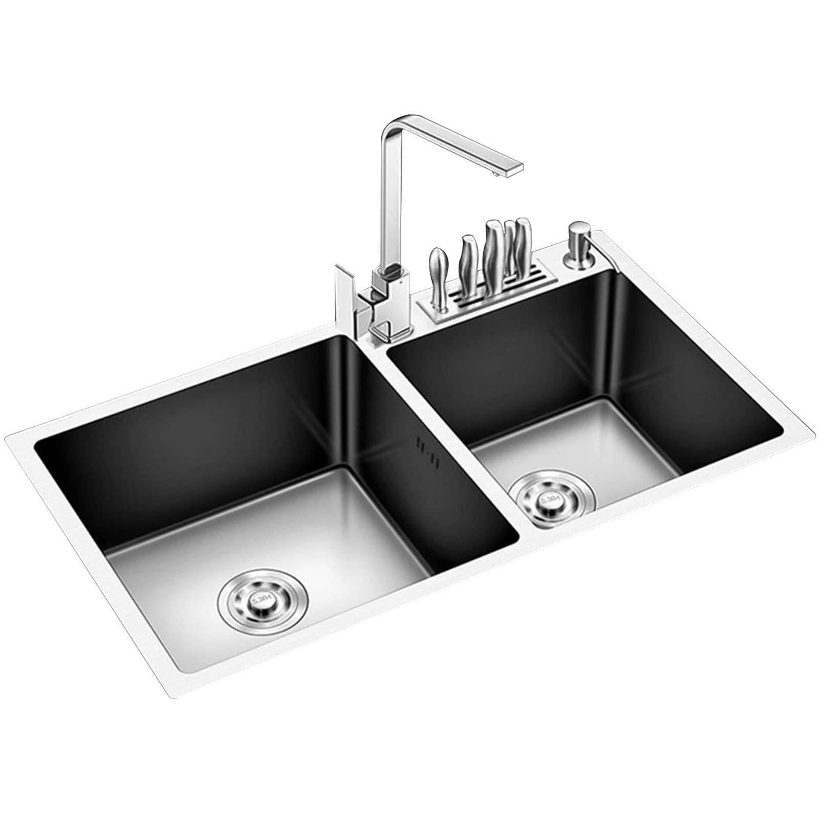 Évier en acier inoxydable à double cuvette avec rebord intégré et robinet carré noir