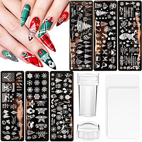 JUNEBRUSHS 10Pcs Christmas Nail Stamping Plate Kit, 6Pcs Nail Art Templates 2 Stamper 2 Scraper with Snowflakes Snowman Santa Xmas Tree Ball Elk Nail Stencils Manicure Image Polish Plates Tools