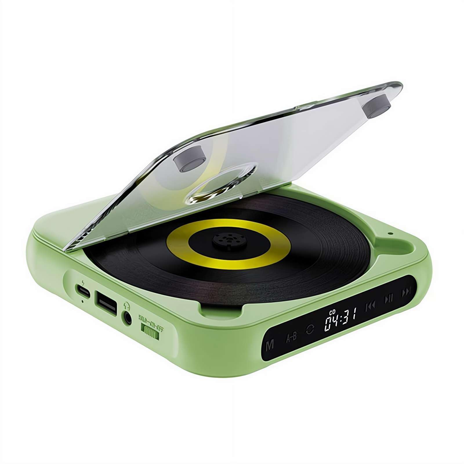 Reproductor de CD portátil con sonido Bluetooth Hi-Fi, batería recargable, compatible con CD/CD-Rw/Mp3, sin necesidad de enchufar (auriculares + orejeras) (verde)