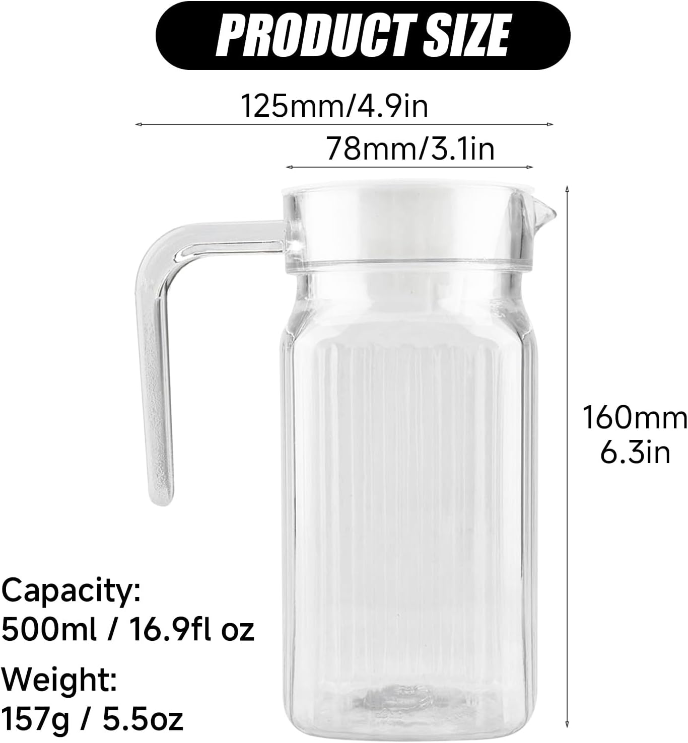 17 oz Small Plastic Carafe with Lid and Spout, 500ml Small Clear Water Jug for Hot/Cold Water, Iced Tea Pitcher for Coffee, Mini Juice and Homemade Beverage Carafe (500ml) - Image 2