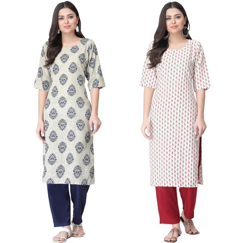 Pinkmint Kurta Set For Women Rayon Printed Stylish Neck Kurti With Pant Set (Pack Of 2) Olive-White