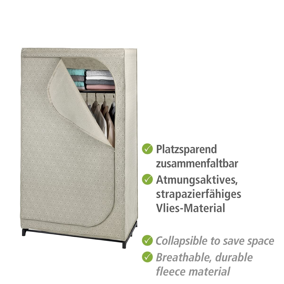 WENKO Kleiderschrank Mod. Balance mit Ablage und Kleiderstange, Stoffschrank zur staubfreien Aufbewahrung von Textilien, Metallgestell, atmungsaktives Vlies-Material, 90x160x50 cm, Taupe