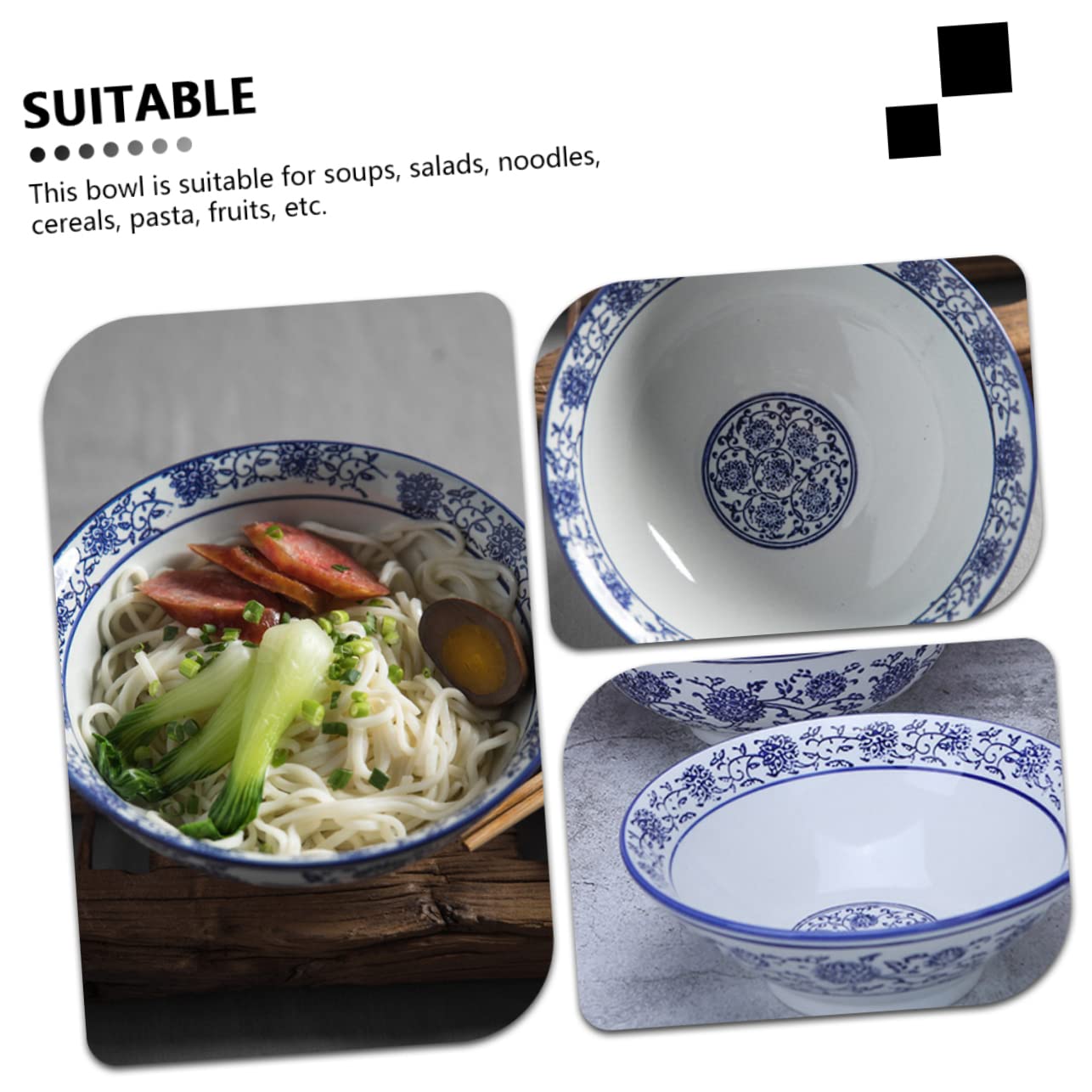 GRIRIW Chinese Rice Bowls Porcelain Large Blue and White Bowl Set 6 Piece Pasta
