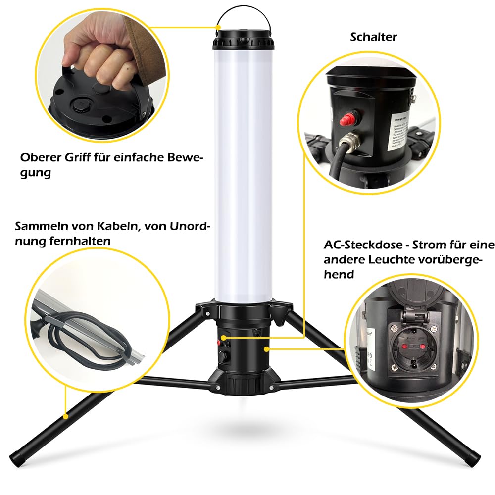 100W LED Turm Baustrahler mit Stativ, 11000 Lumen 360 Grad Strahler | LED Arbeitsleuchte mit 5m Kabel, 6500K Vormontage für Heimwerken, Werkstatt, Garage, Keller, Schuppen