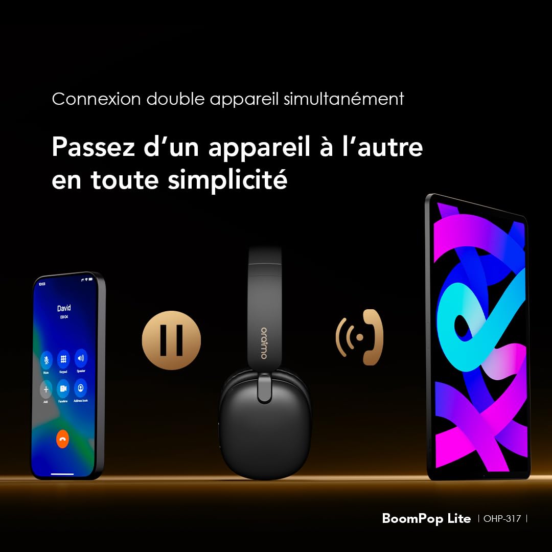 Oraimo BoomPop Lite Casque Bluetooth sans Fil, 65 h d'autonomie, Charge Rapide 10 Min = 10 h, Son Spatial Sound360, Micro ENC, Mode Jeu, Pliable, Bluetooth 5.3 + Jack 3,5 mm, USB-C