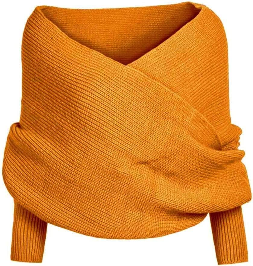 Women Winter Autumn Sweater Scarf Wrap with Sleeve, Fashion Solid Color Knitted Wrap Scarf Knitted Shawl Cape with Sleeve