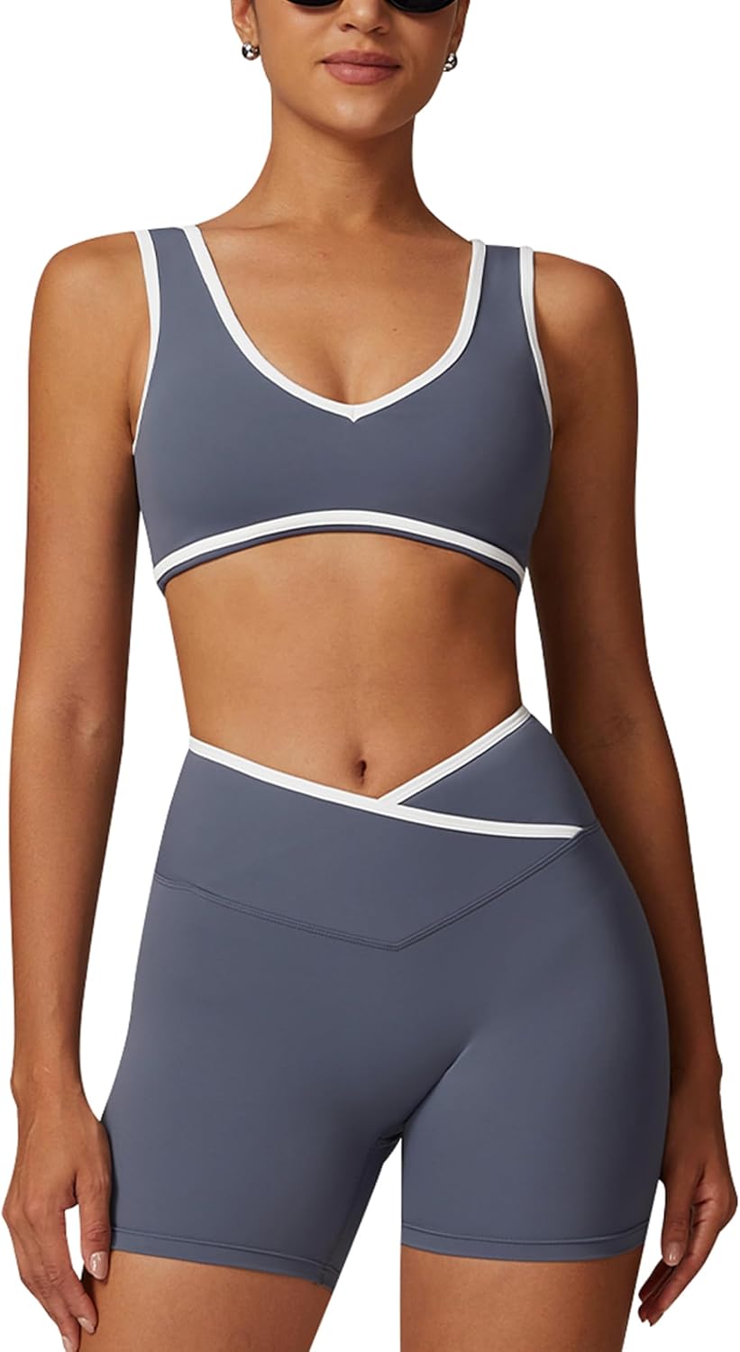 ABOCIW Workout Sets for Women Color Block Sports Bra Crossover Waist Shorts 2 Piece Gym Yoga Pilates Outfits