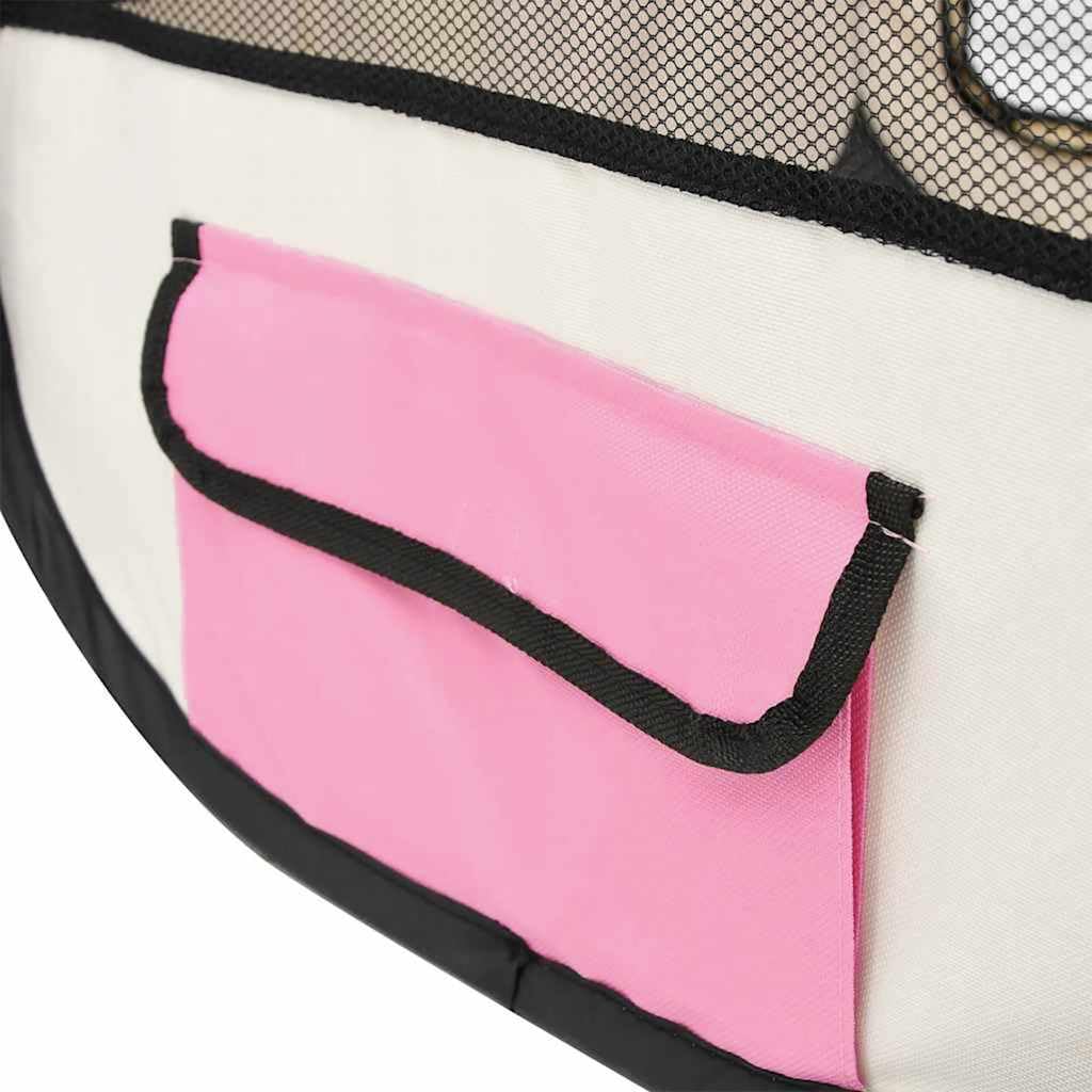 Welpenlaufstall faltbar für Hunde und Kleintiere, mobiler Tierlaufstall mit Tragetasche, Welpengitter Freigehege für drinnen und Reisen, Rosa und Creme, 145x145x61 cm