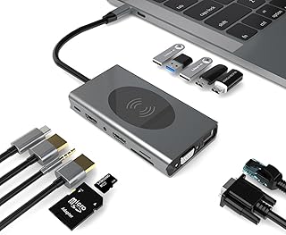 LTLWSH USB C Hub, 14-in-1 USB C Adapter to HDMI, VGA, Wireless Charger, Gigabit Ethernet, 5 USB 3.0, SD/TF Card Reader, USB C to 3.5Mm, USB C Dock for MacBook Pro and Type C Device