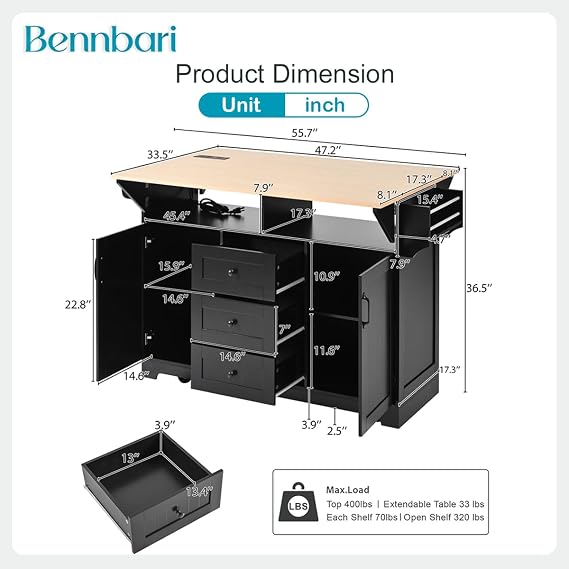 Rolling Kitchen Island with 2 Drop Leaf, Kitchen Cart on Wheels with Power Outlet, Mobile Kitchen Storage Cart, Folding Storage Dining Table, 55 Inch Width (Black)