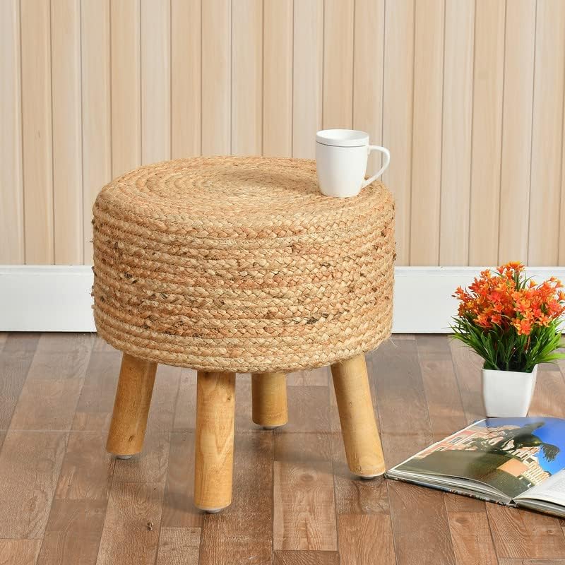 Jute Ottoman for Living Room, Round Foot Rest Stool, Modern Foot Stool for Sitting, Jute Puffy for Sofa, Bedroom & Makeup Table for Room Dรฉcor | 16x16x18 Inch (Jute-Stool)