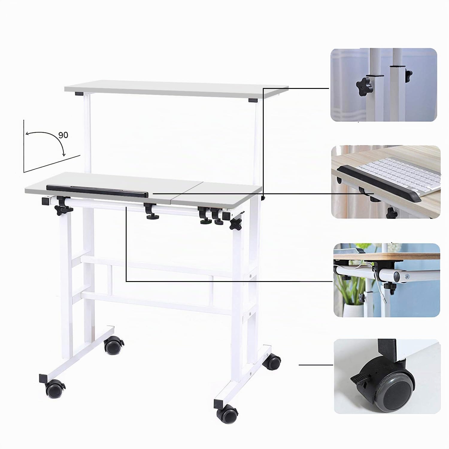 SogesPower Scrivania sollevabile, scrivania per computer, tavolo da ufficio, scrivania per computer divisa rimovibile, 80 x 60 x 67 ~ 115 cm, bianco
