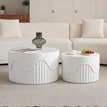Fluted Round Nesting Coffee Table Set of 2, Modern Unique Circle Coffee Table, Drum Side Tea Table, Space-Saving for Living Room, Bedroom, Balcony, Office, No Assembly 26.77"+19.69" White A