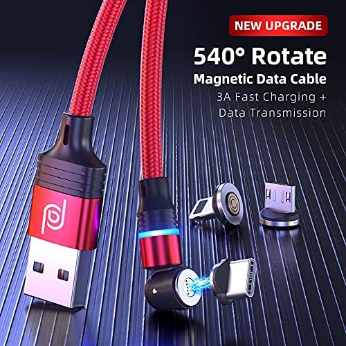 JJA Magnetic Charging Cable 3 in 1, 4 Pack (2 x 1m, 2m, 3m), 360°&180° Rotation, Fast Phone Charger, 3A Nylon Braided Detachable, Data Transfer, for Micro USB, Type C, I-Connector (Red, Pack of 4)