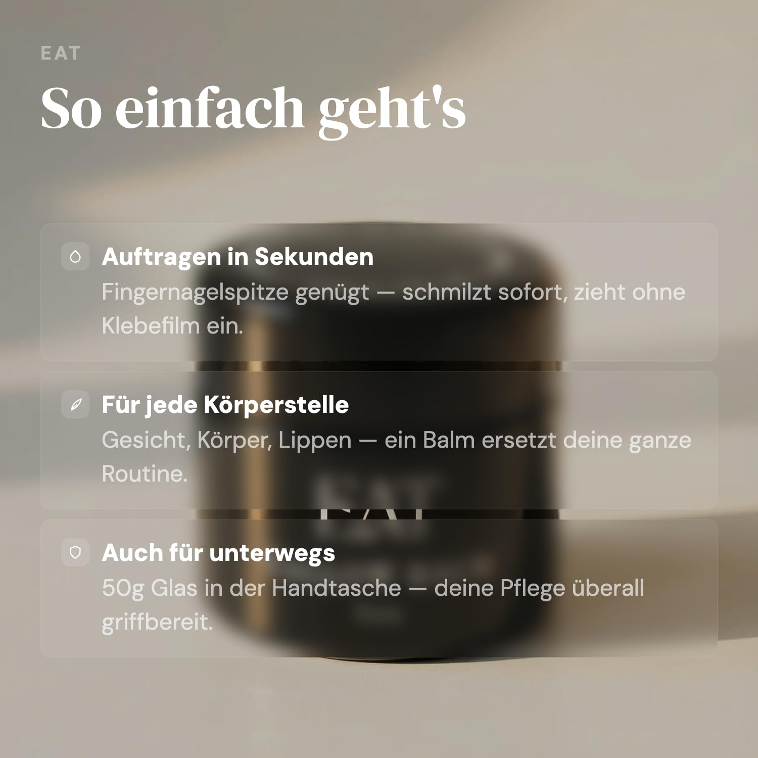 EAT Tallow Balm Pure Bio – Natürliche Hautpflege mit Rindertalg vom Deutschen Weiderind – mit Bio-Olivenöl – Gesicht, Körper & empfindliche Haut – 2 Inhaltsstoffe - Creme für Allergiker (100 ml)