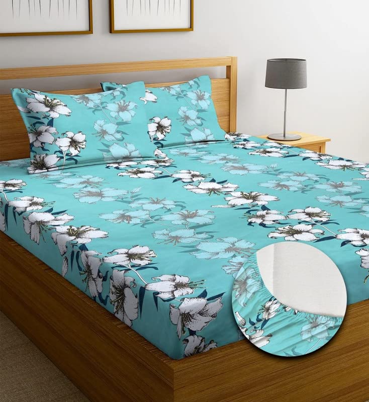 Image of NHD HOME Premium Cotton Feel Polycotton Elastic Fitted King Size Double Bedsheets with 2 Pillow Covers | All Around Elastic 210 TC Super Soft | Size - 72 King Size x 78+10 inches | Sky Blue