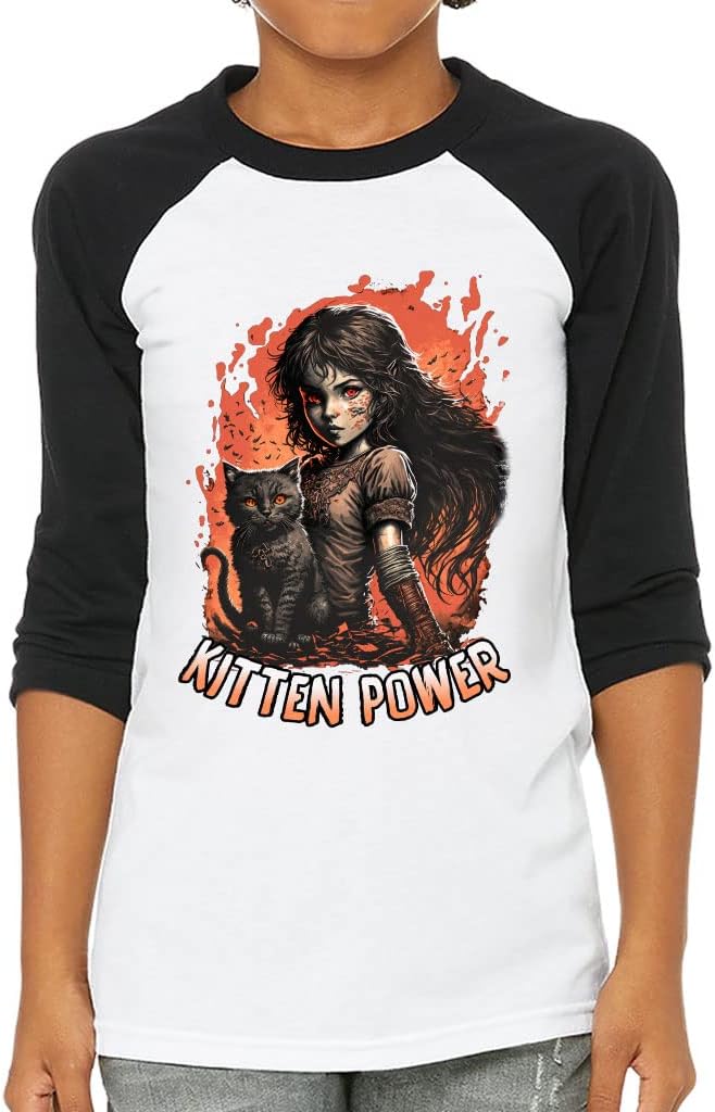 Kitten Power Kids' Baseball T-Shirt - Cute 3/4 Sleeve T-Shirt - Art Baseball Tee