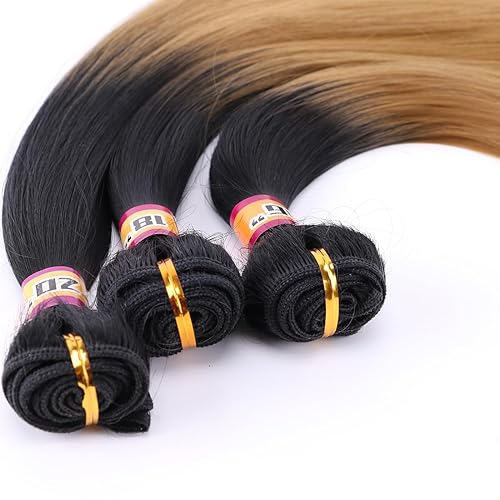 Miniatura 6 de Extensiones de cabello lacio y sedoso, tejido de cabello sintético, 3 paquetes de dos tonos degradado negro a dorado, T127 (16 pulgadas, 18