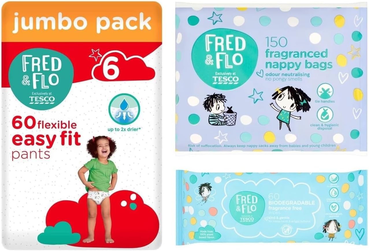 Fred & Flo Size 6 Nappy Pants Jumbo 60 Pack Bundle with Nappy Bags & Fragrance Free Wipes