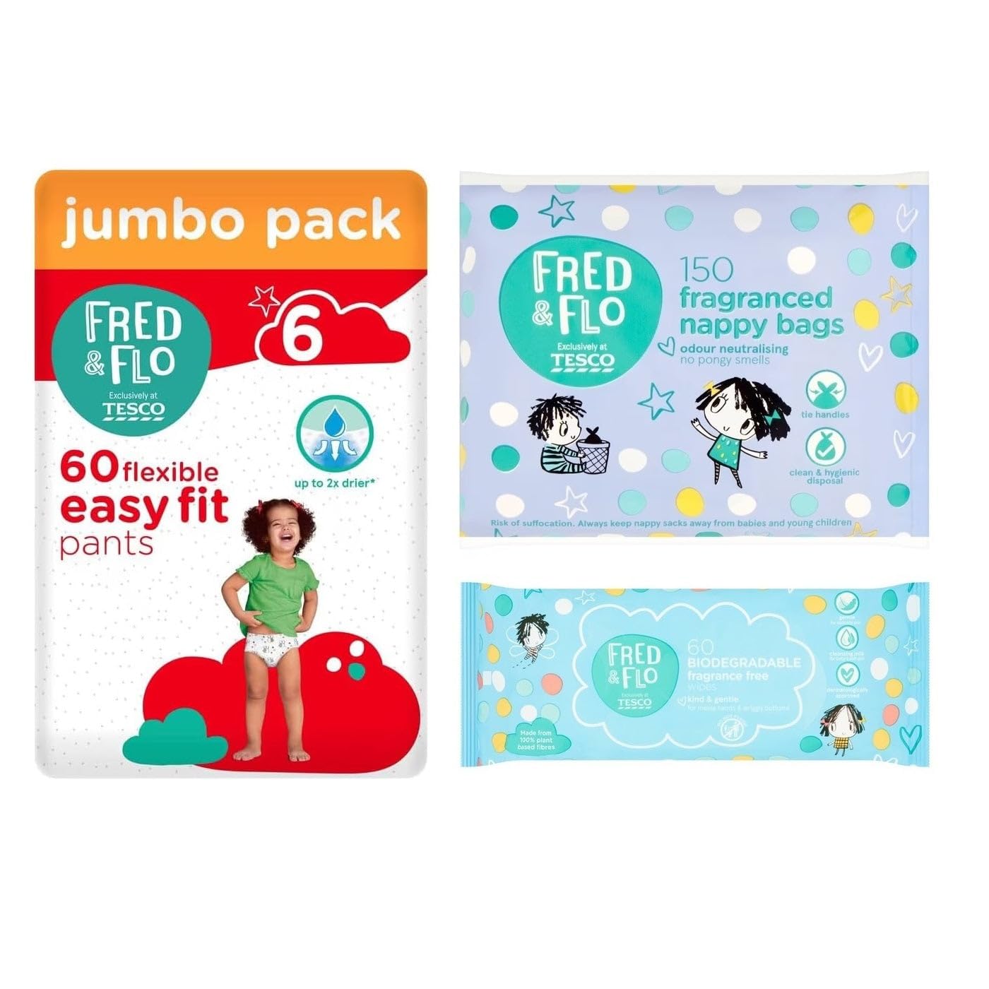 Fred & Flo Size 6 Nappy Pants Jumbo 60 Pack Bundle with Nappy Bags & Fragrance Free Wipes