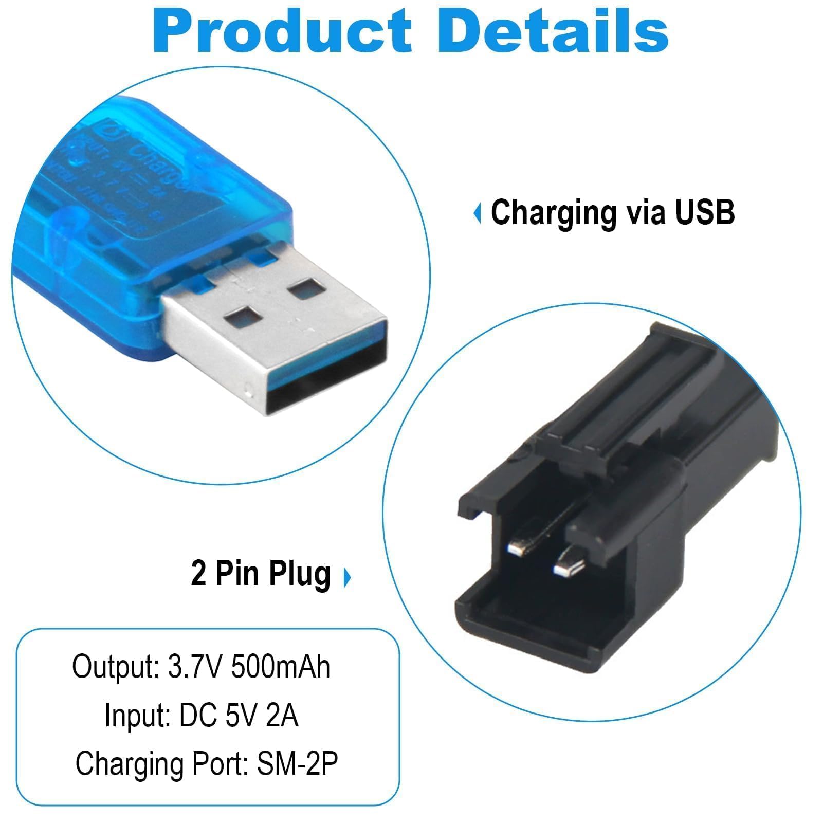 2 Unidades De Cable De Carga USB De 3,7 V con Conector SM-2P, Cable De Carga USB para Baterías NI-MH RC Universal para Baterías LiPo Compatible con Coches RC Barcos Drones