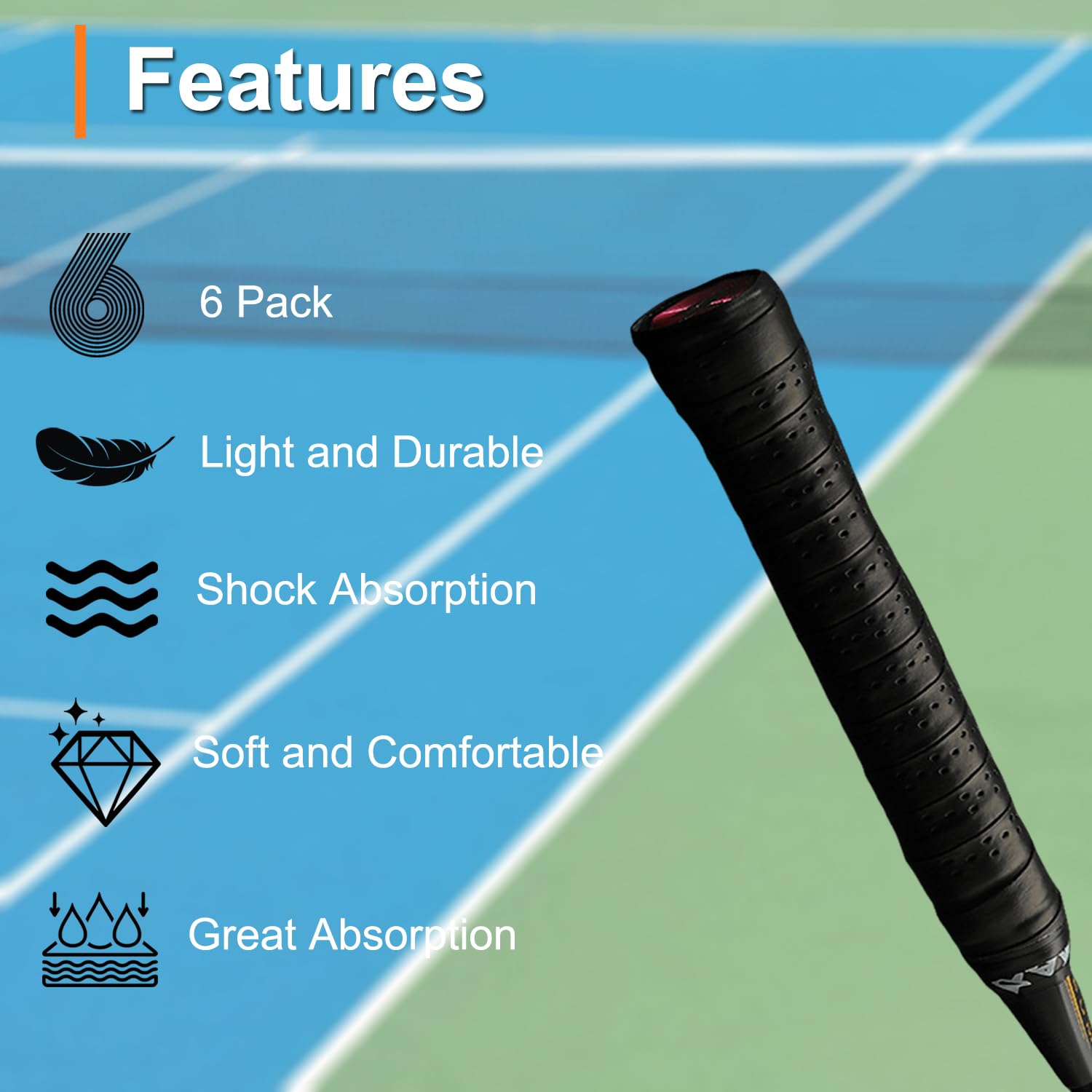 Ruban de Raquette Grip, 6 Pièces Raquette Overgrips Antidérapant, Ruban Adhésif pour Raquette de Tennis, Raquette Grip pour Tennis Raquette de Raquette de Pêche de Badminton Squash