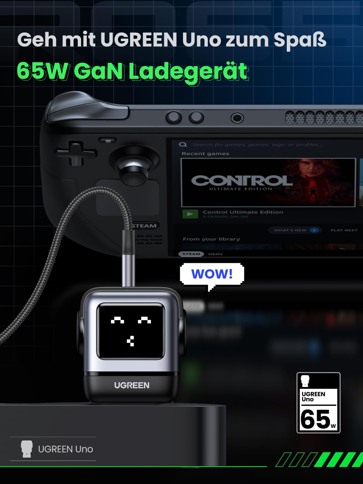 UGREEN UNO USB C Ladegerät, 65W USB C Netzteil 3-Port GaN Schnellladegerät LED Display kompatibel mit MacBook Pro/Air, iPad, iPhone 17 Pro Max, 15 16, Galaxy S25 Ultra, Steam Deck (Schwarz)