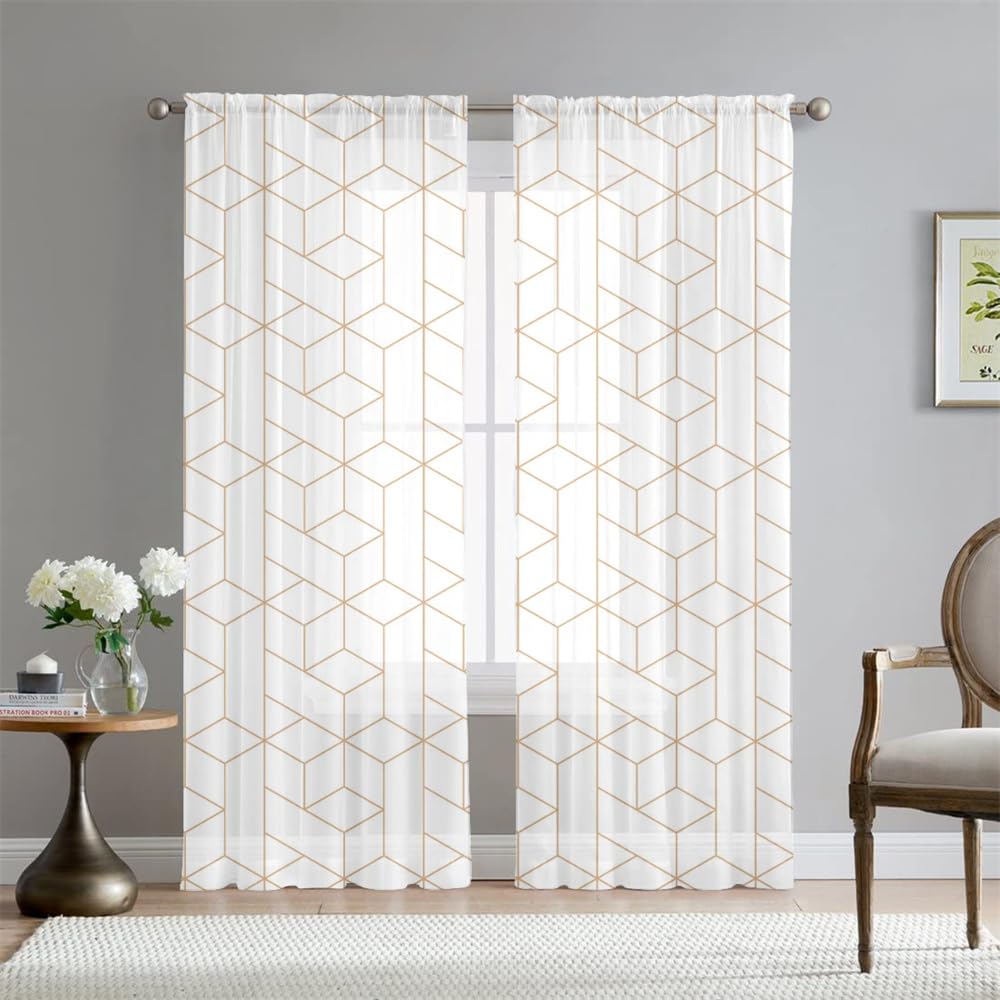 Highdi 2 Panneaux Rideau Passant Tringle,Voilages Chambre Semi-Transparent Léger Rideaux pour Décoration Fenêtre de Maison Cuisine Salon (Géométrique,W132*H245CM)