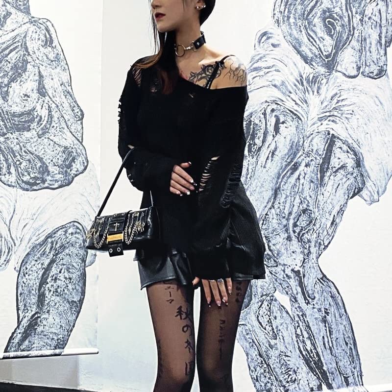 Women's Gothic Sweater Punk Cutout Loose Knit Pullover top Sexy Sheer Sweater Grunge Clothes2