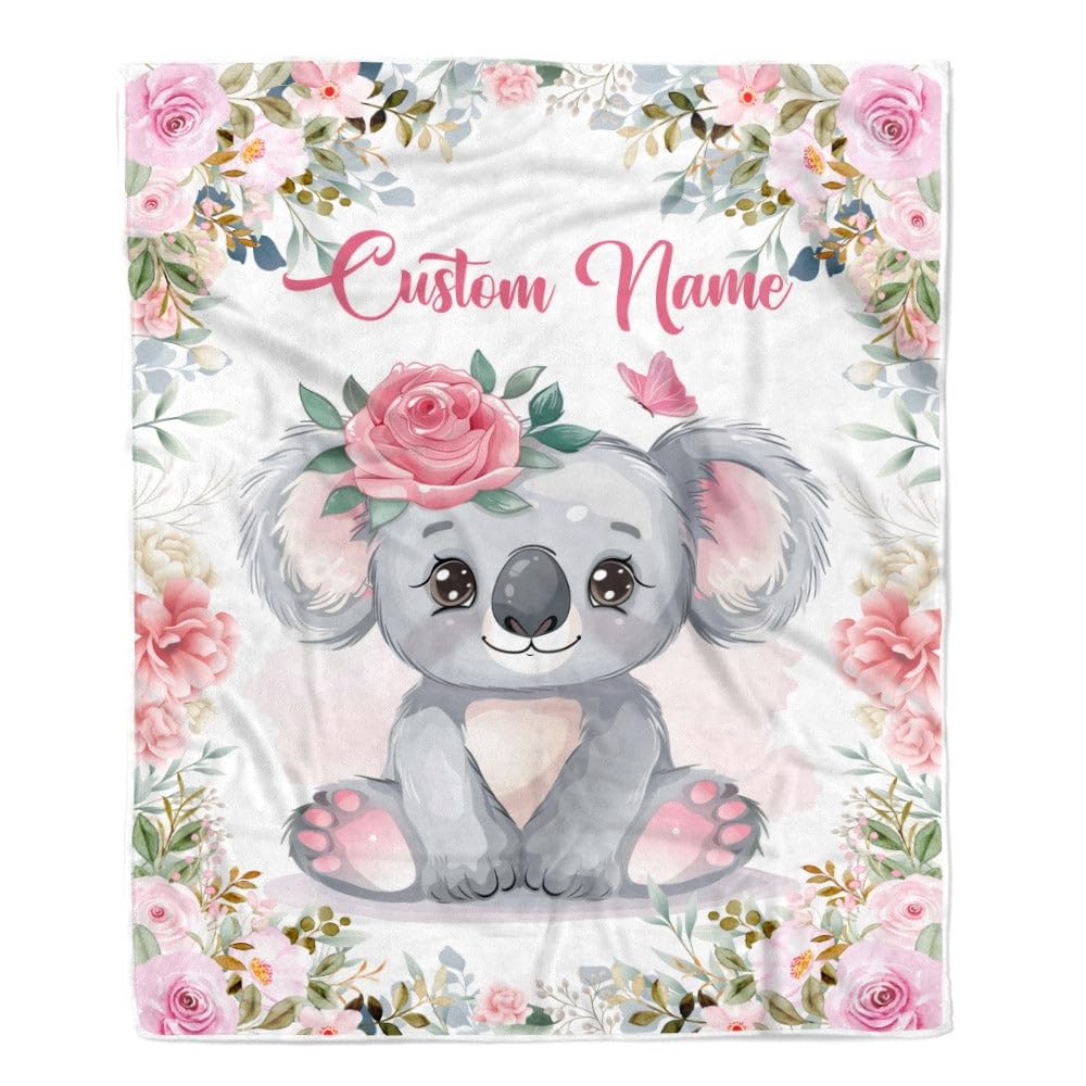 CenturyTee Personalized Baby Blanket with Name Baby Girls Koala for Newborns Nursery Daughter Granddaughter Niece Birthday Christmas Customized Fleece Blanket (30 x 40 Inches - Baby Size), Multicolor