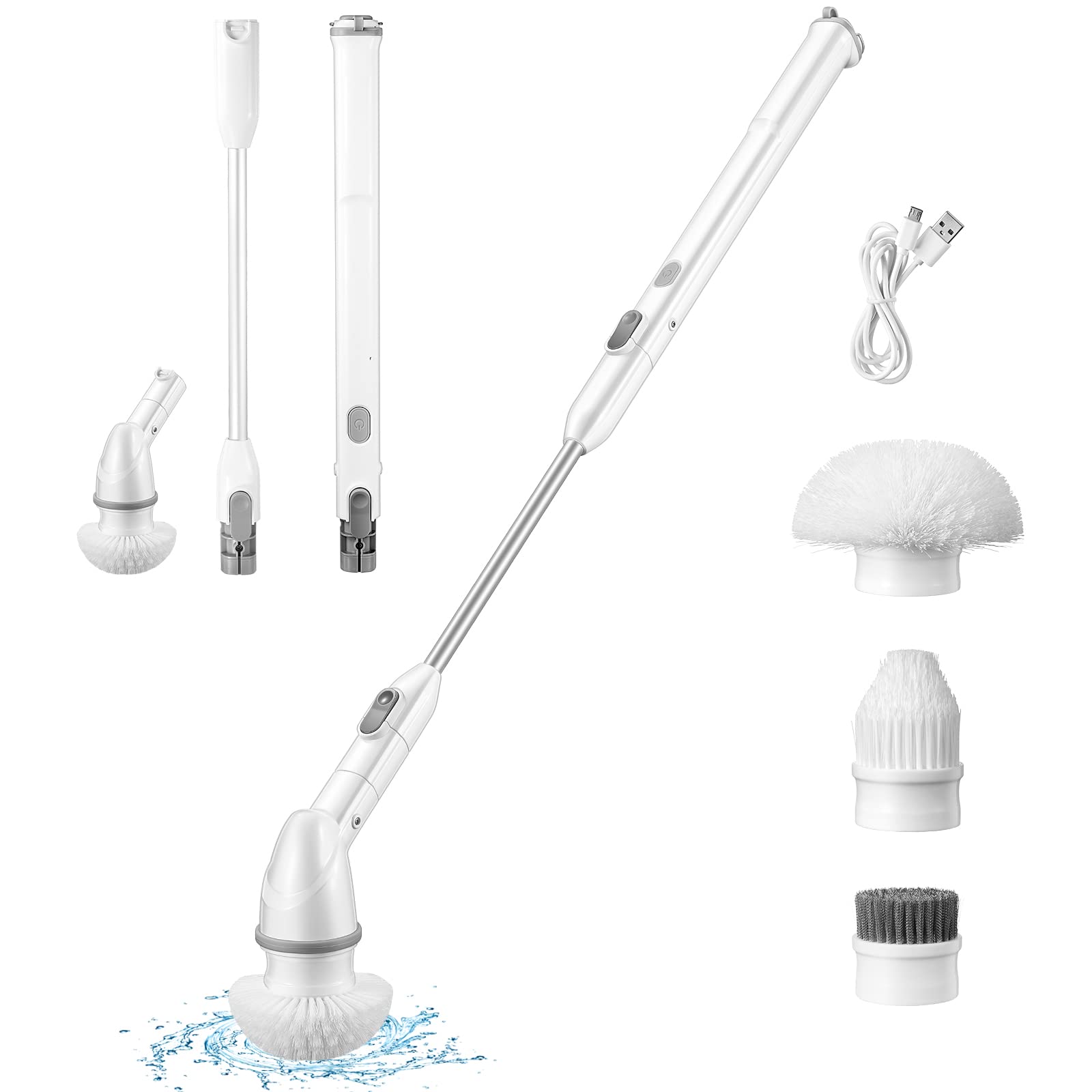 TL Electric Spin Scrubber, Cordless Shower Scrubber with 4 Replaceable Brush Heads and 2 Level Adjustable Extension Handle, Power Shower Cleaning Brush for Bathroom, Tub, Tile, Floor, White, (FD-TES)
