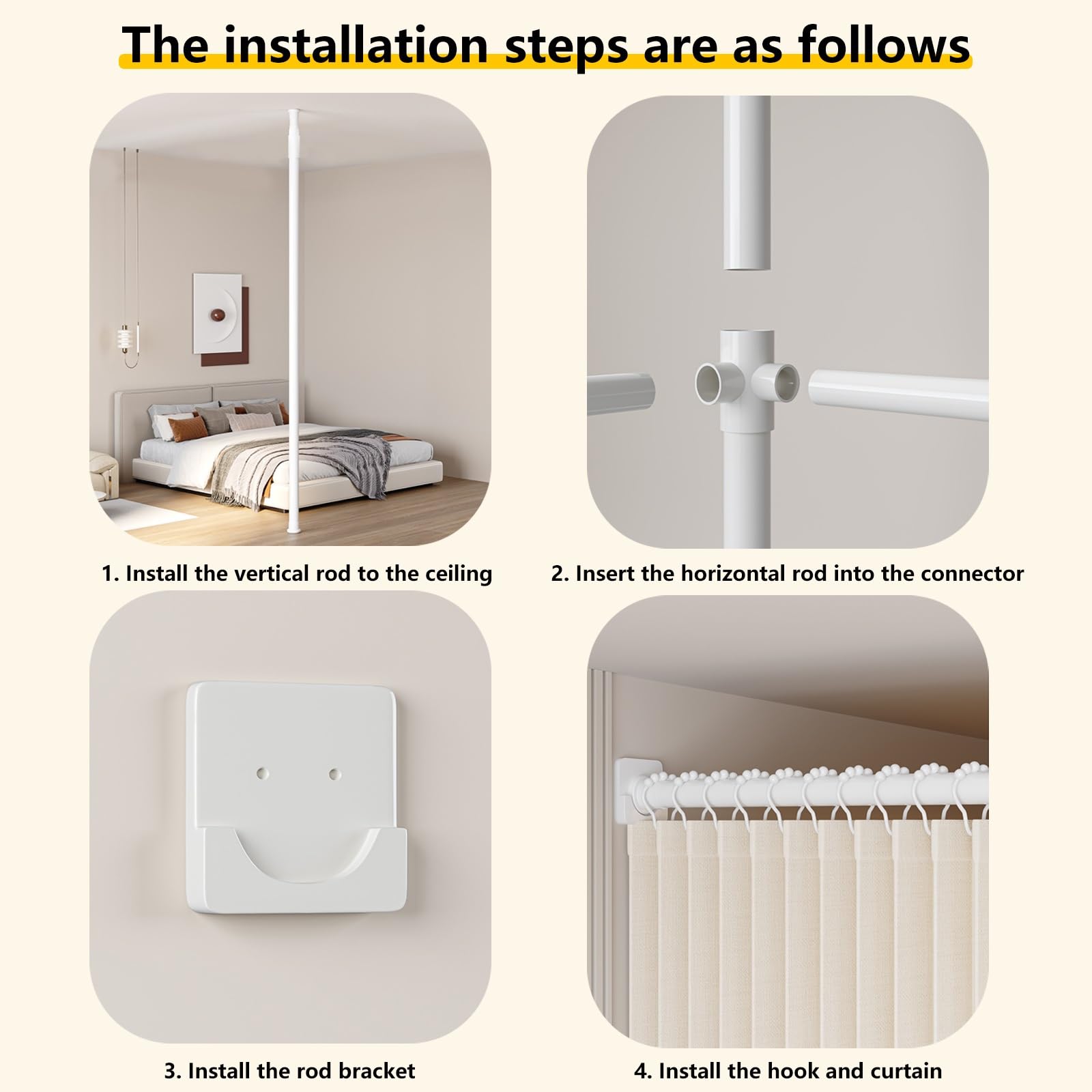 NoDrill Raumteiler-Vorhänge, verstellbar, schalldicht, dünn, Verdunkelungsvorhänge, freistehend, Sichtschutz-Trennwände für Schlafzimmer, Beige (0,9 m1,5 m Breite)