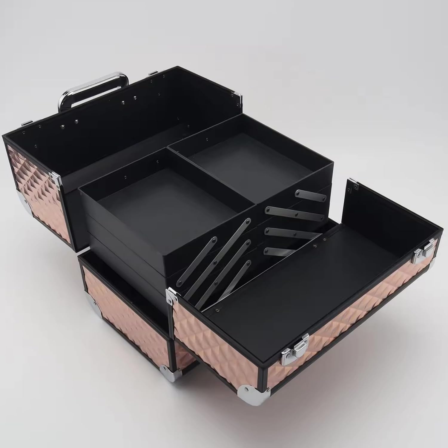 Aluminum Beauty Carrying Case, 6-Tier Rose Gold Makeup Train Case with Lock, Professional Hair & Makeup Organizer Box for Artists, Stylists & Travel