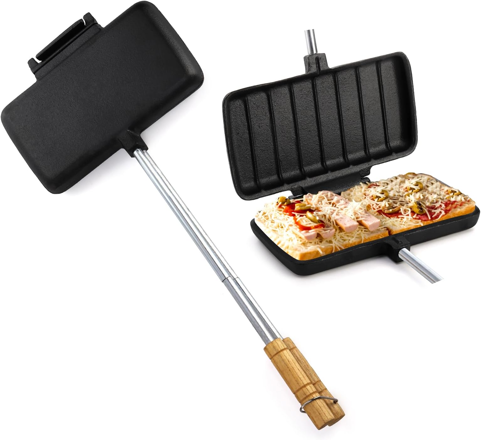 Coloch Double Pie Iron Sandwich Maker, Cast Iron Campfire Sandwich Maker with Long Handle Handheld Pie Maker Portable Campfire Cooking Equipment for Camping, Sandwich, Pie Making