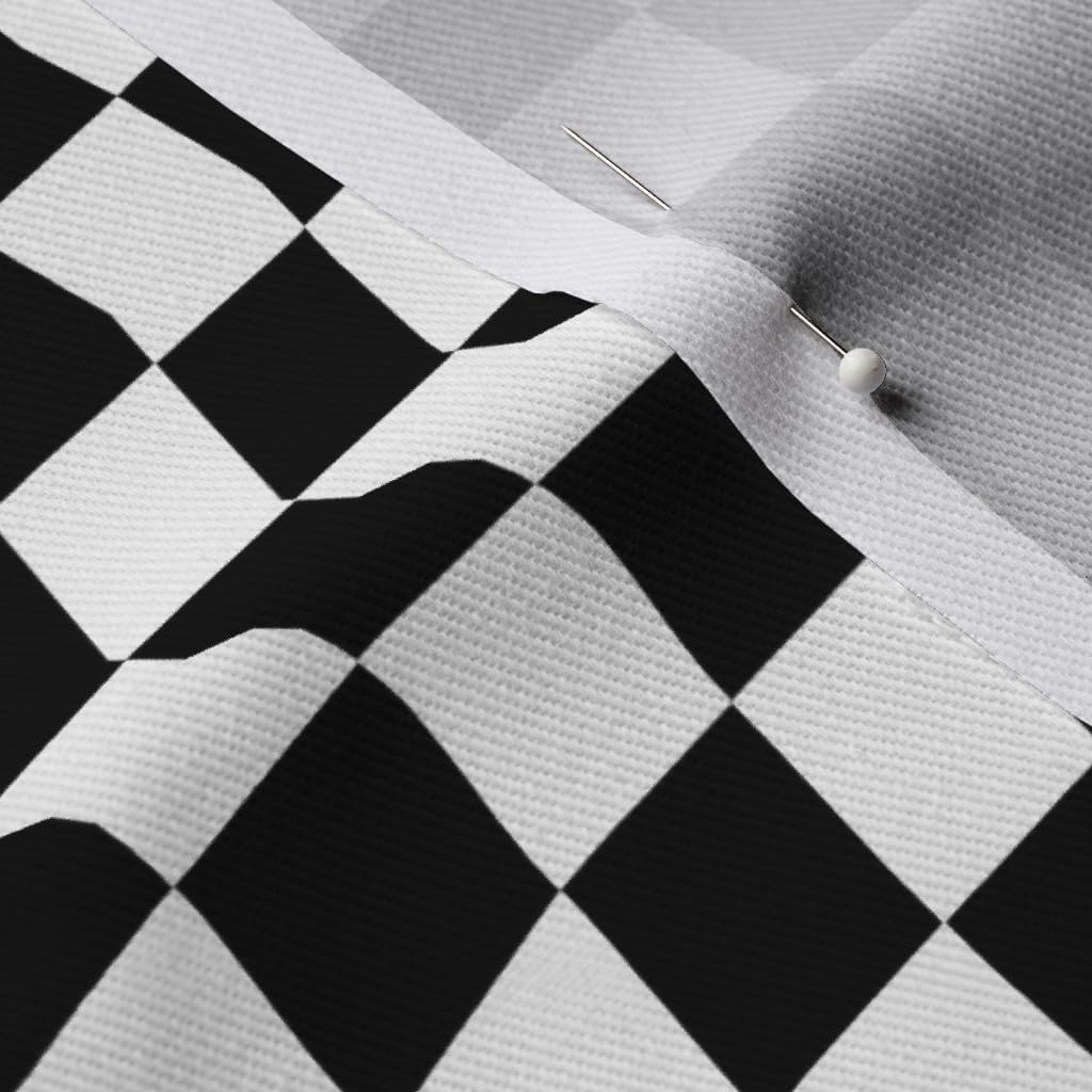 Spoonflower Fabric - Wavy Checkered Race Flag Racing Wave Car Checkerboard Game Black White Printed on Denim Fabric by The Yard - Bottomweight Apparel Home Decor Upholstery