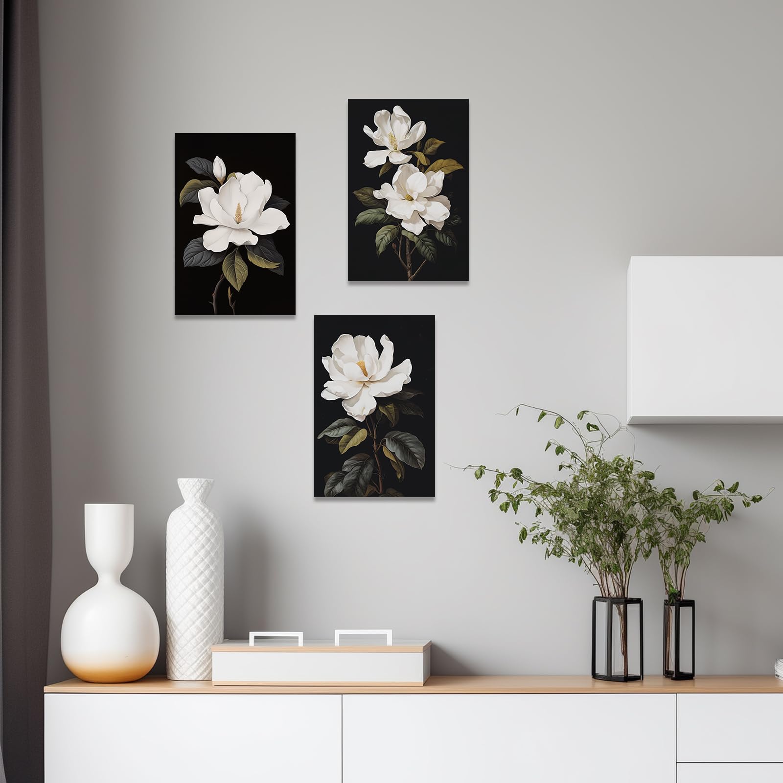 CCWACPP 3 Piece Floral Canvas Wall Art Magnolia Flowers Pictures Black and White Flowers Painting Prints Modern Bedroom Living Room Home Decor Framed (A - Image 2