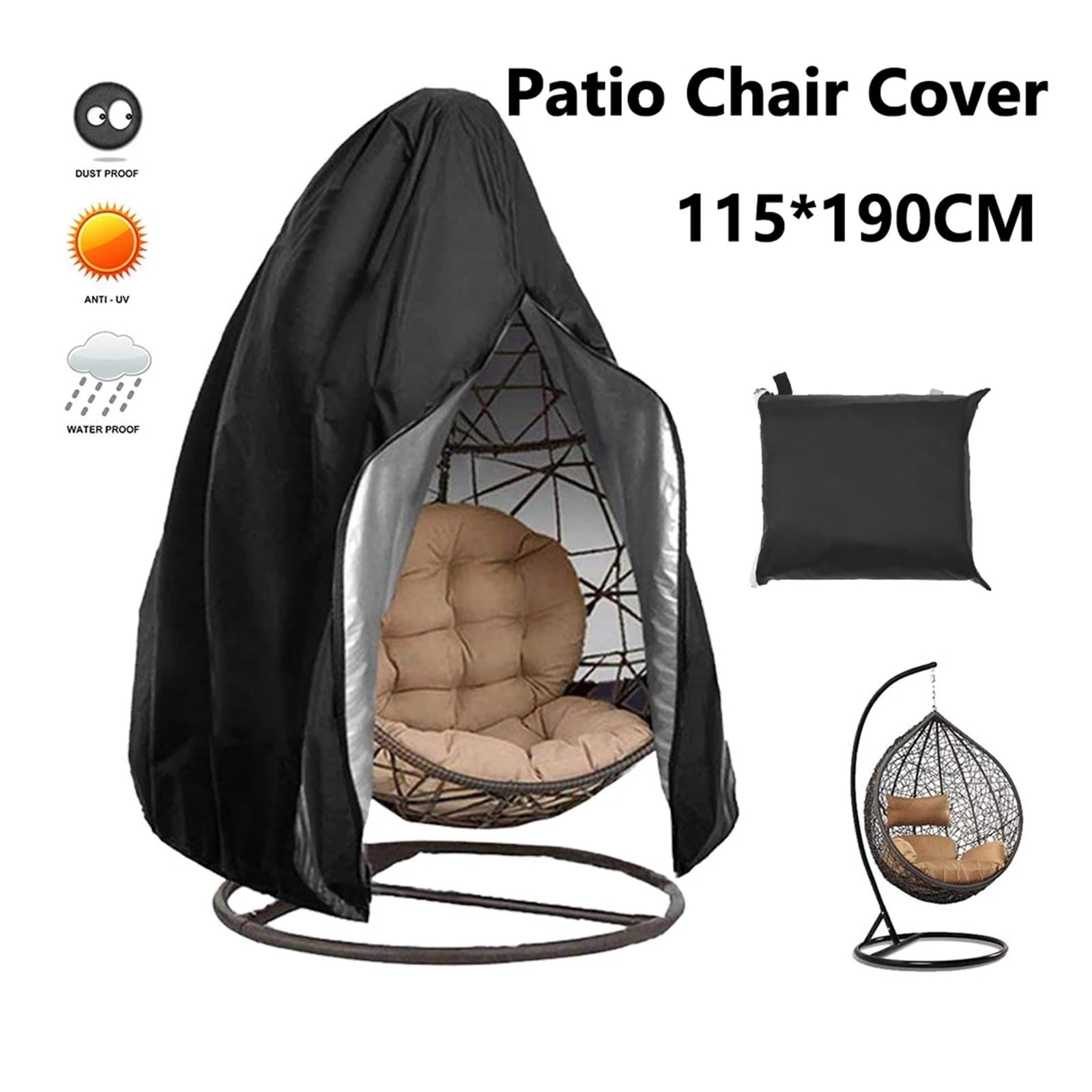 Housse pour Fauteuil « Egg » de Jardin, Housse de Chaise Oeuf Suspendue Noir 115x190cm