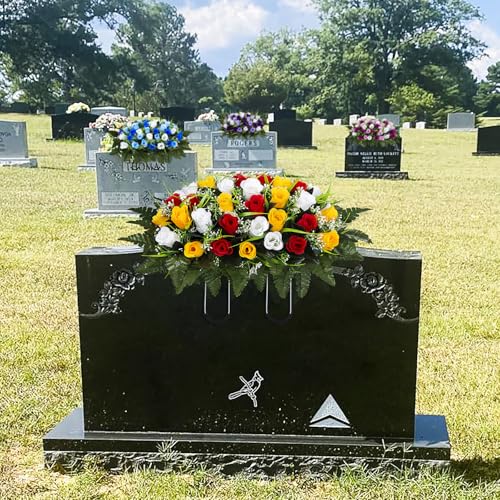 Artificial Cemetery Flowers Saddle, Grave Flowers Rose for Cemetery, Memorial Headstone Flowers Saddle for Grave Tombstone Decorations (1, Red & Yellow & White) image 3