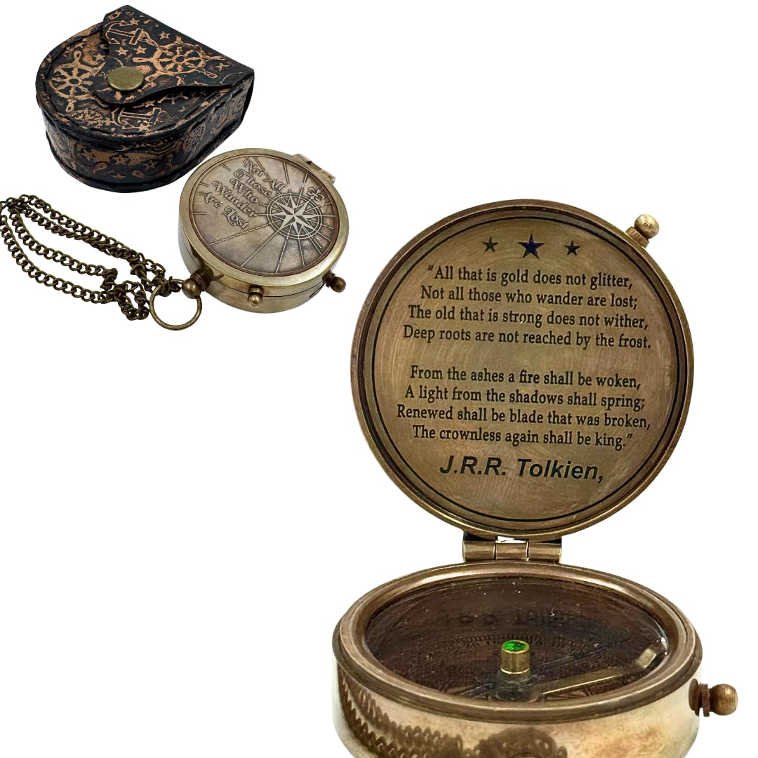 Vintage Brass Compass with J.R.R. Tolkien Quote, Decorative Leather Case, Antique-Style Navigation Tool, Gift for Collector, Men