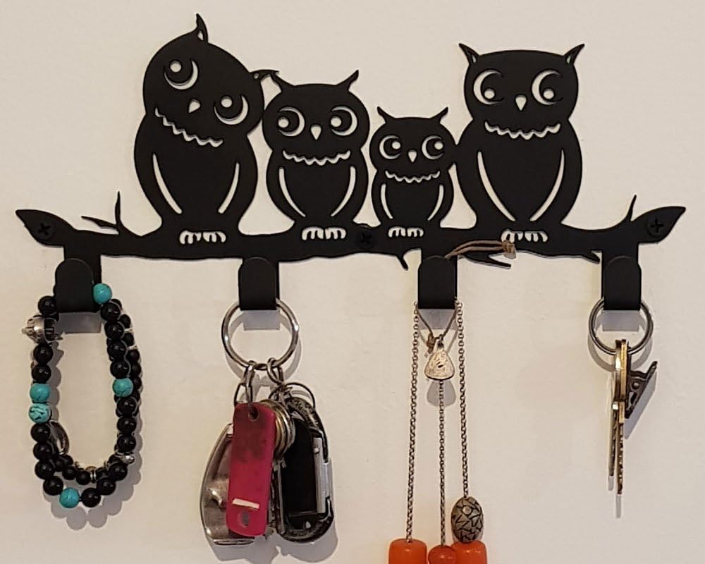 Key Holder for Wall - Rustic Key Hooks for Hanging Accessories, Towel, Leash, Jewelry, Key Hanger for Farmhouse-Style Homes - Iron Wall Mounted Holder, Owls Design Rack - 10.5 x 4.55 x 1 Inch