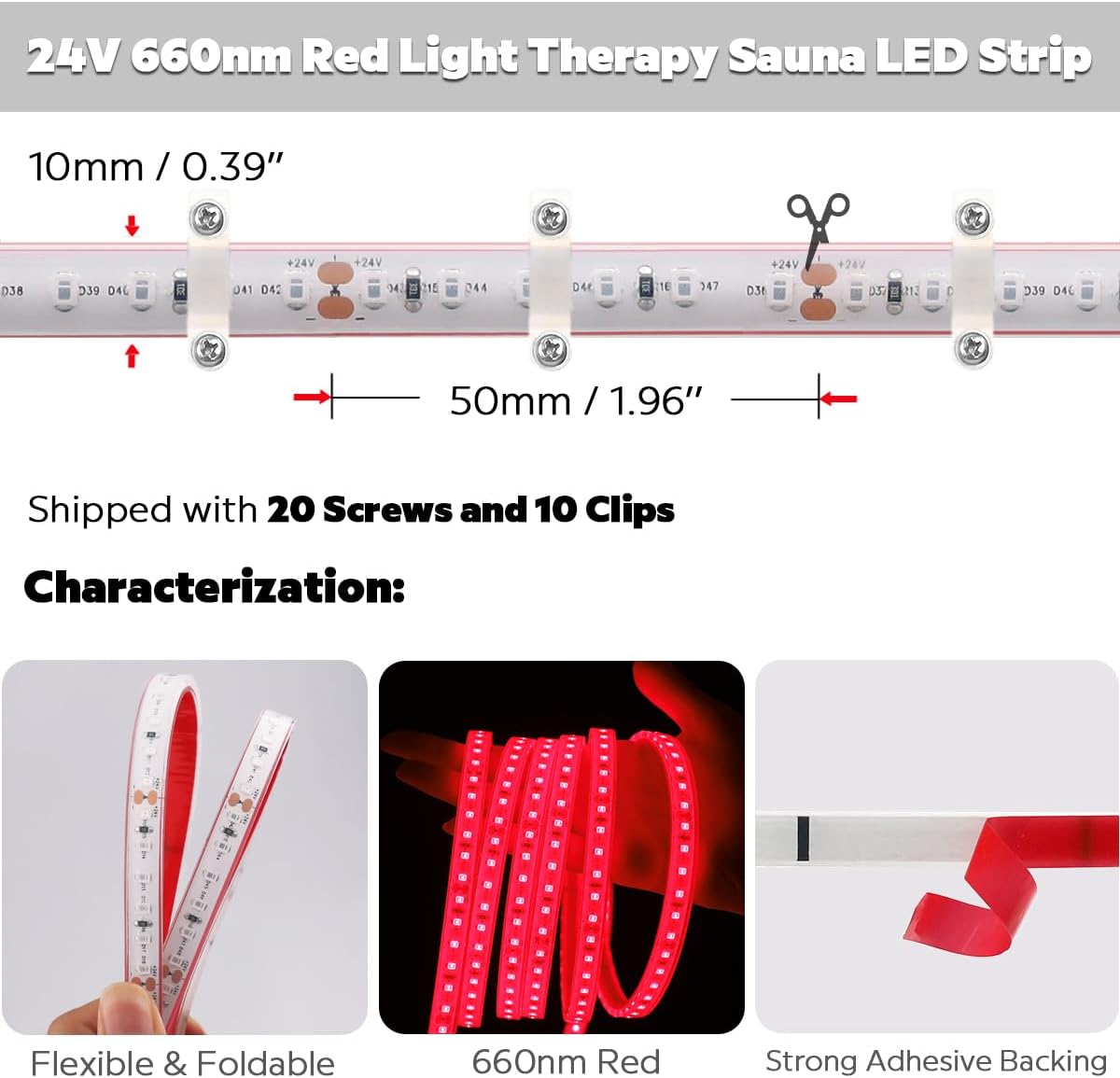 660nm Red Light Sauna LED Strip, Heat-Resistant IP68 Waterproof Flexible LED Tape Light, 24V 600 LEDs 5m/16.4Ft for Relaxation and General Lighting Use (660nm Red)