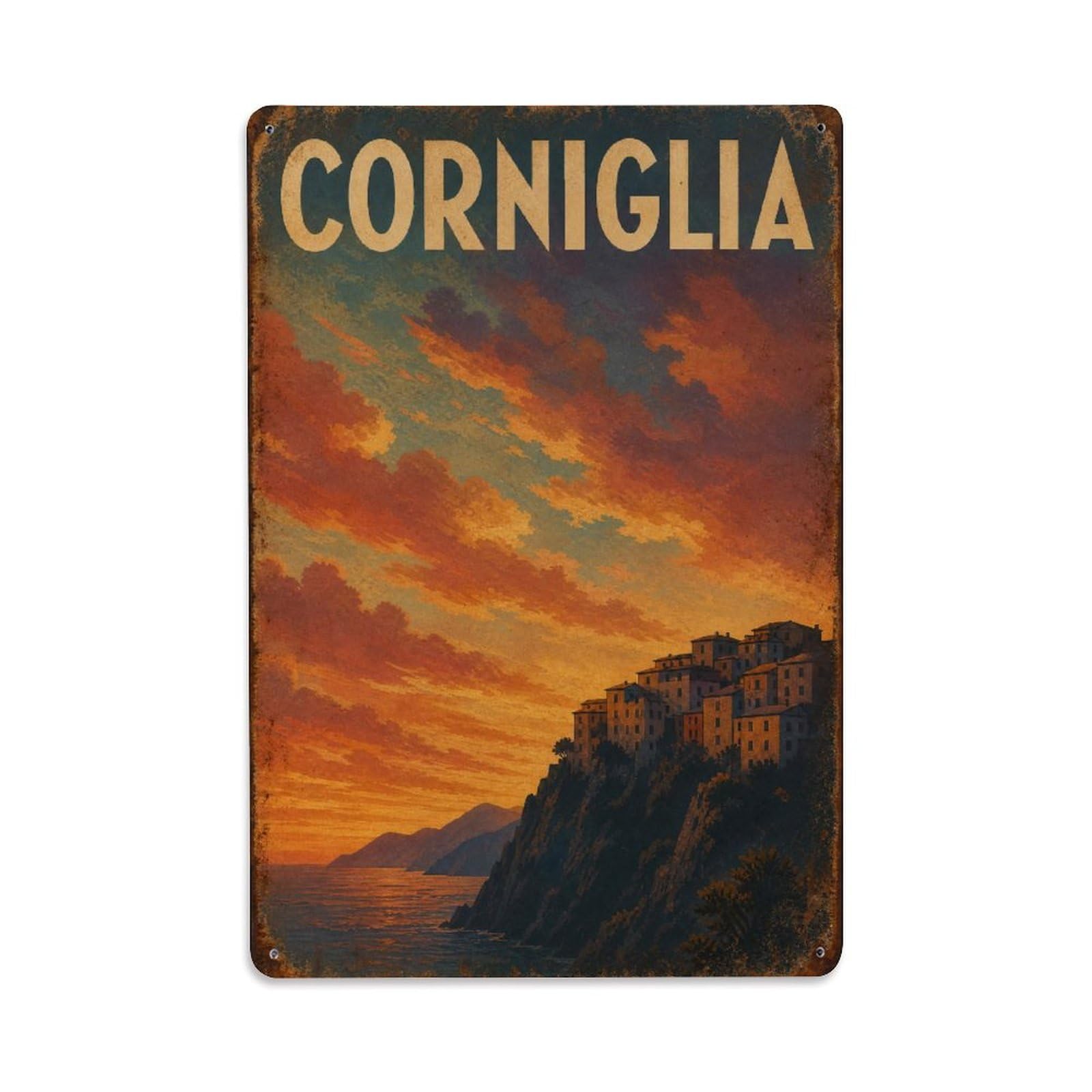 Huiyhb 8X12inch(20X30cm) Vintage Travel Corniglia Sunset Clouds Dramatic Sky Italy Metal Tin Sign
