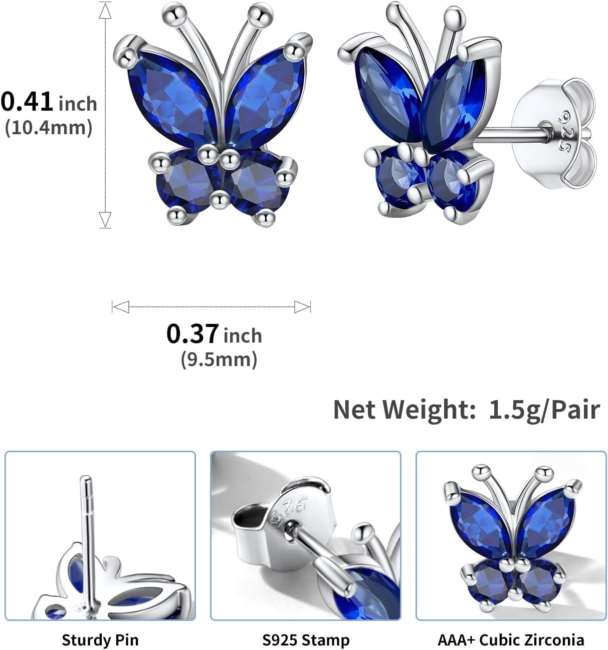SILVERCUTE 925 Sterling Silver Butterfly Earrings for Women,Butterfly Birthstone Stud Earring/Ear Cuffs,Hypoallergenic Birthday Earrings for Women