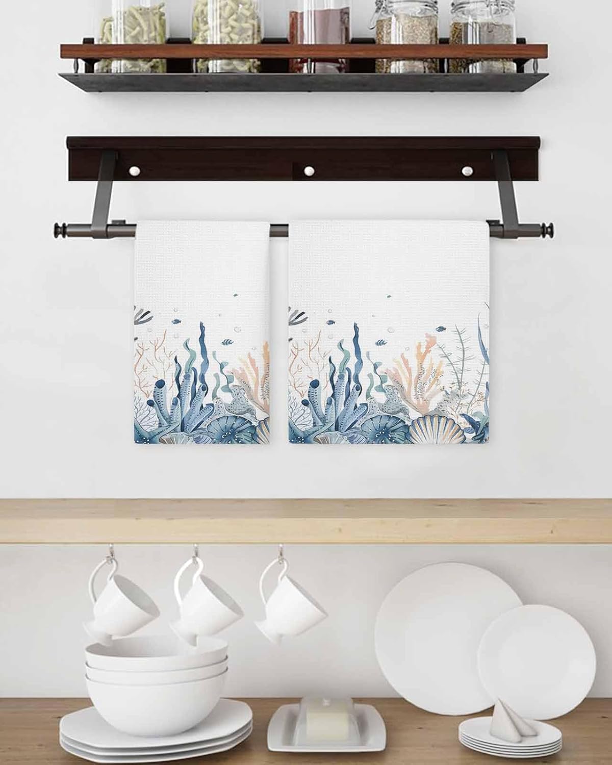 Ocean Seaweed Waffle Kitchen Hand Towels Set of 4,Super Absorbent & Quick Dry Hair Dish Bath Tea Golf Microfiber Soft Towel Cleaning Washcloth,Blue Tropical Fish Starfish Shell Sea Coral 15.7"x23.6"