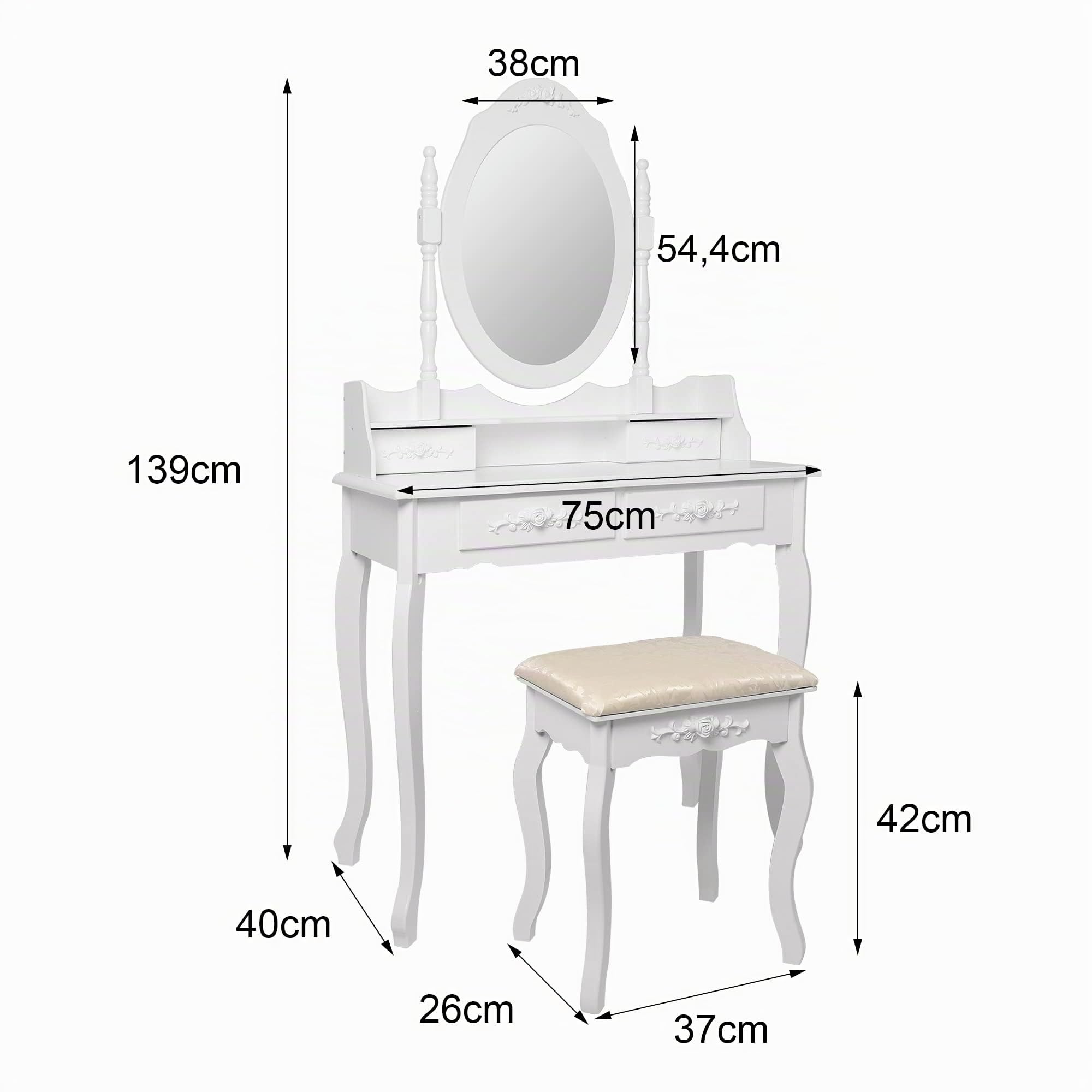 ML-Design Schminktisch Weiß, Frisiertisch mit Spiegel, Hocker und 4 Schubladen, 75 x 139 x 40 cm, Landhausstil, Kosmetiktisch für Damen & Mädchen, Frisierkommode aus MDF Holz, Kommode Make-up Tisch