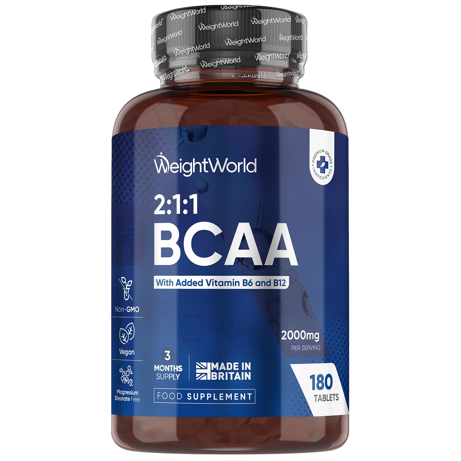 WeightWorldBCAA Tablets 2000mg - 180 Tablets - with Key Amino Acids - Vitamin B6 & B12-3 Months Supply - Vegan BCAA Supplement - for Men & Women - Vegan & Non-GMO