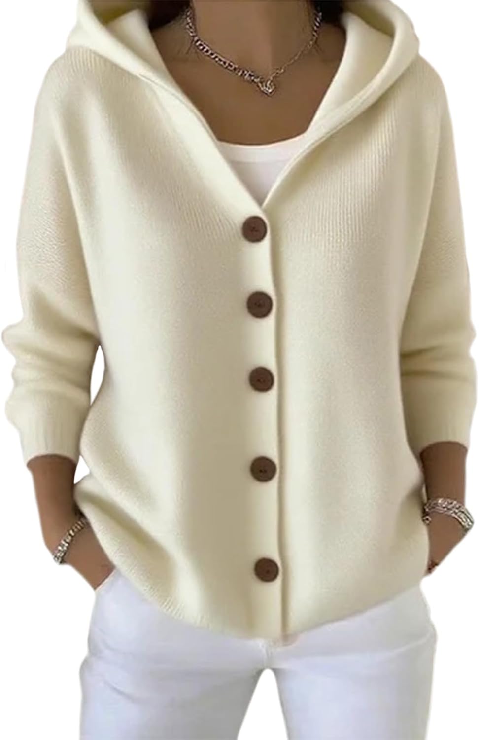 Zaswen Women's Solid Color Hooded Cardigan Sweaters Button Down Open Front Knit Spring Fall Casual Loose Fit Outerwear Coats